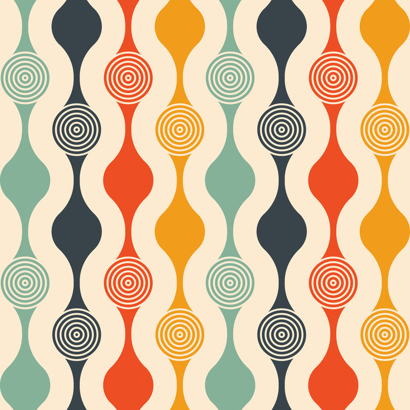 retro, cotton, natural fabric with pattern in 60s, 70s style (geometric in four colours)