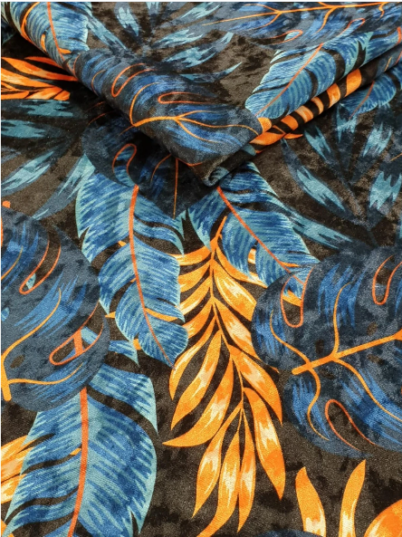 Blue Orange Tropical Jungle Leaves Crushed Velvet - MagnoliaFabric