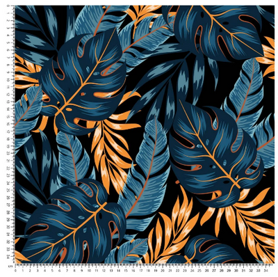 Blue Orange Tropical Jungle Leaves Crushed Velvet - MagnoliaFabric