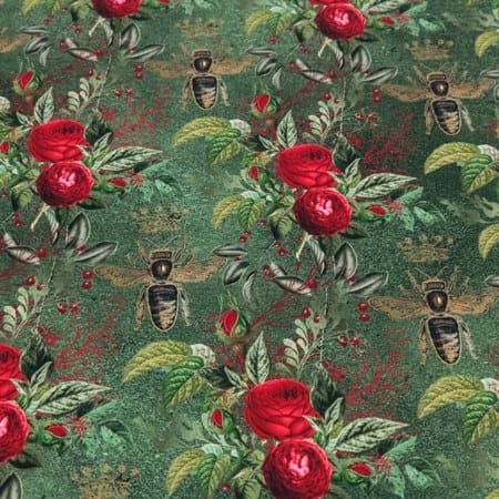 bees roses green velvet fabric